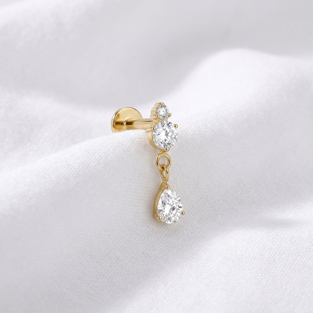 Labret doré tragus, 2 zircons ronds et pendentif goutte - vue 4