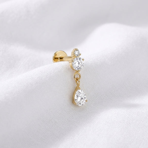 Labret doré tragus, 2 zircons ronds et pendentif goutte - vue 4