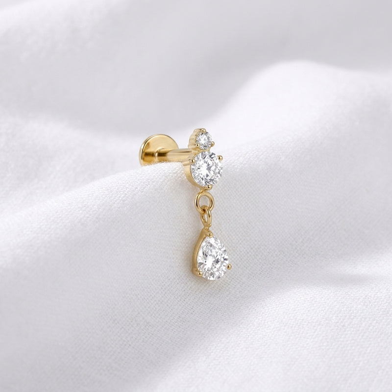 Labret doré tragus, 2 zircons ronds et pendentif goutte - vue 4