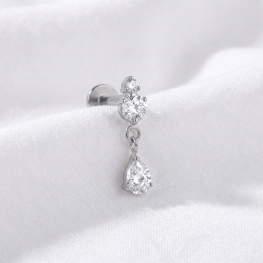 Labret doré tragus, 2 zircons ronds et pendentif goutte - vue 2