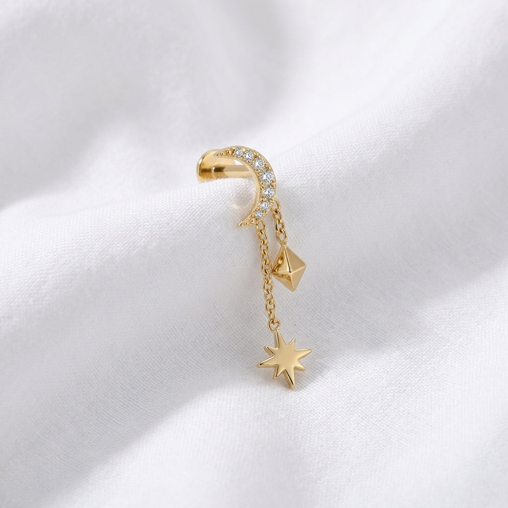 Piercing Tragus Labret Doré Lune Zircon, Chaînes Étoile & Pyramide - vue 4