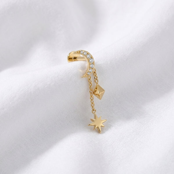 Piercing Tragus Labret Doré Lune Zircon, Chaînes Étoile & Pyramide - vue 4