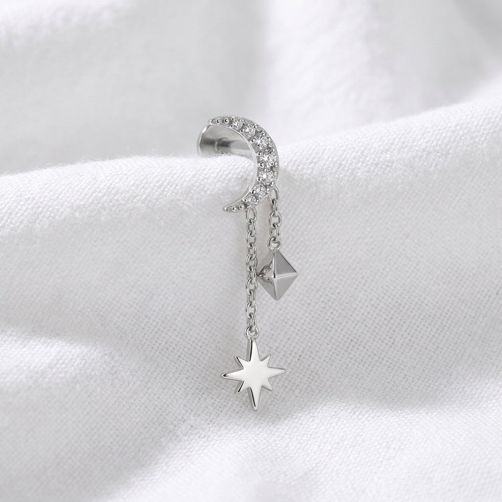Piercing Tragus Labret Doré Lune Zircon, Chaînes Étoile & Pyramide - vue 2