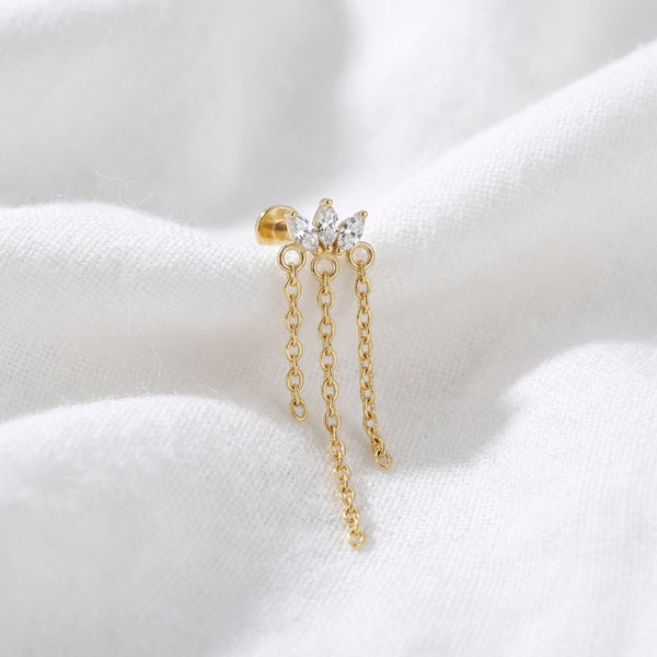 Piercing Tragus Labret Doré Marquise 3 Pierres & Chaînes - vue 4