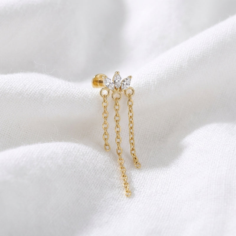Piercing Tragus Labret Doré Marquise 3 Pierres & Chaînes - vue 4
