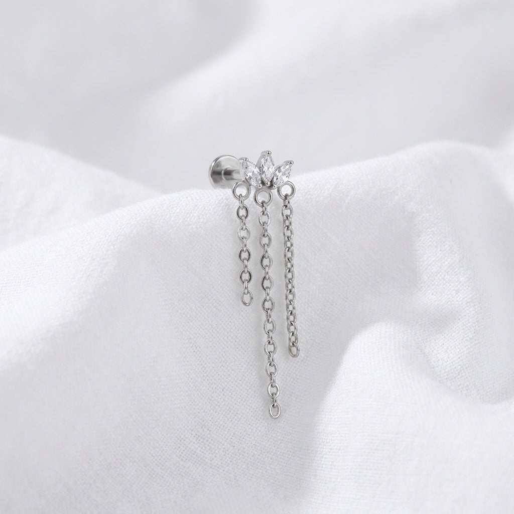 Piercing Tragus Labret Doré Marquise 3 Pierres & Chaînes - vue 2