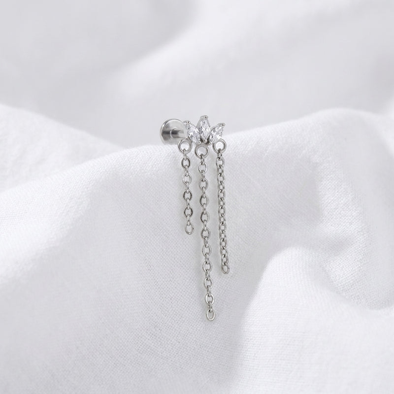 Piercing Tragus Labret Doré Marquise 3 Pierres & Chaînes - vue 2