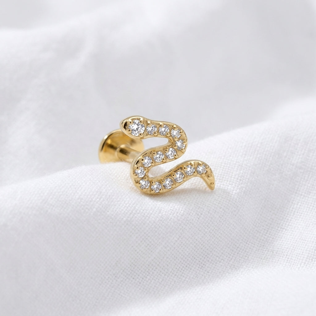 Labret d'Oreille Serpent Doré Pavé de Zircones pour Tragus Helix - vue 4