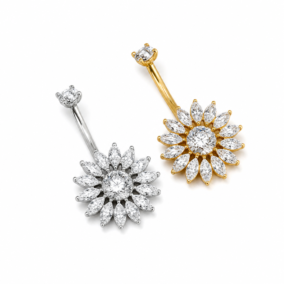 Piercing nombril tournesol — comparaison coloris doré et argenté