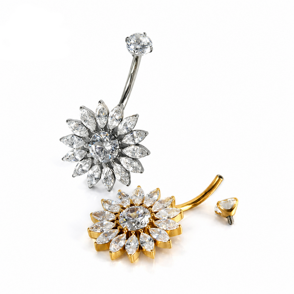 Piercing nombril tournesol zircon — assemblage pièces dorée et argentée