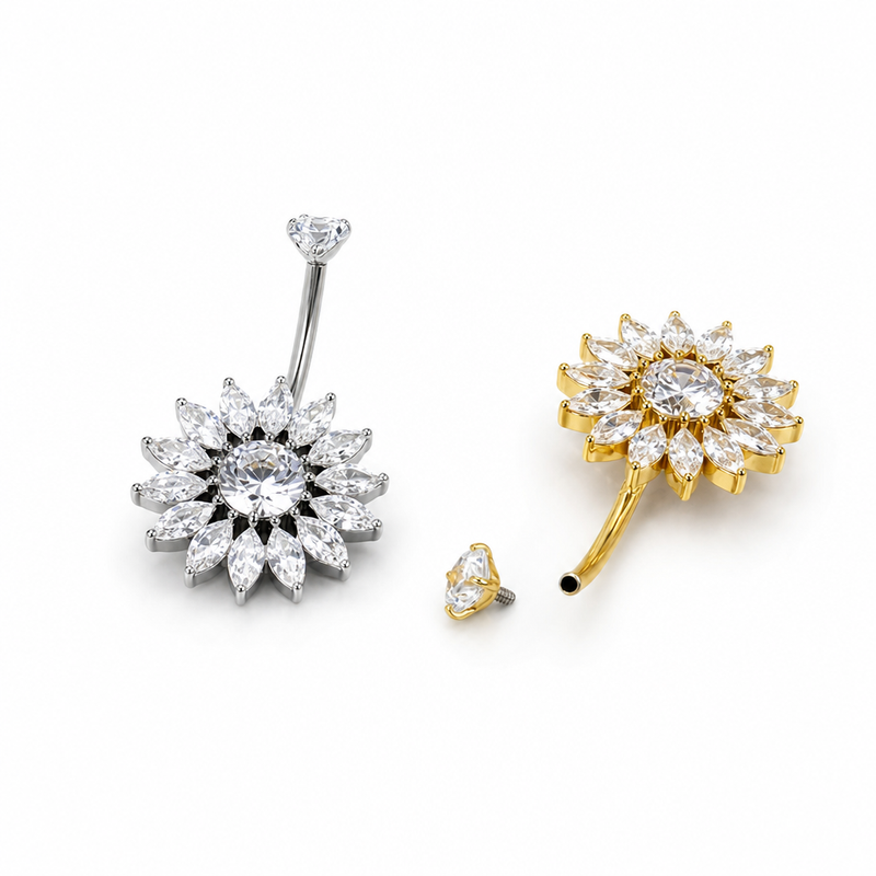 Piercing nombril tournesol marquise — vue détail doré et argenté