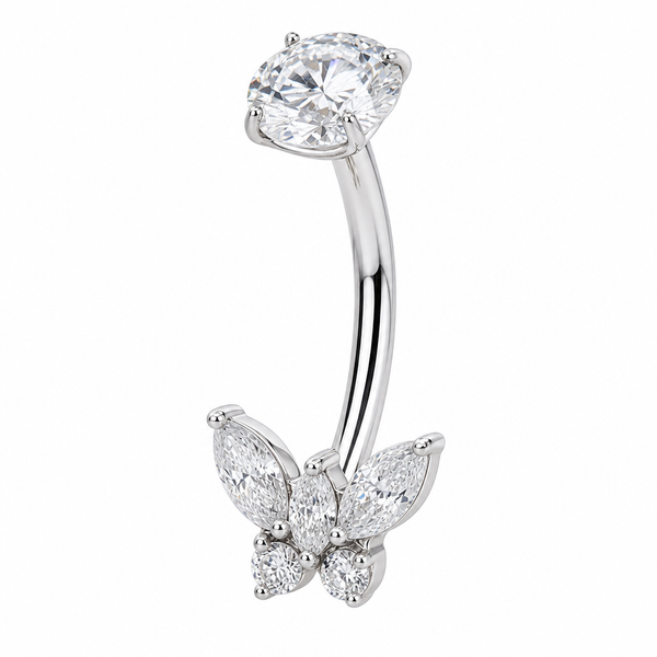 Piercing nombril papillon marquise zircon argenté — 4 ailes pierres taillées