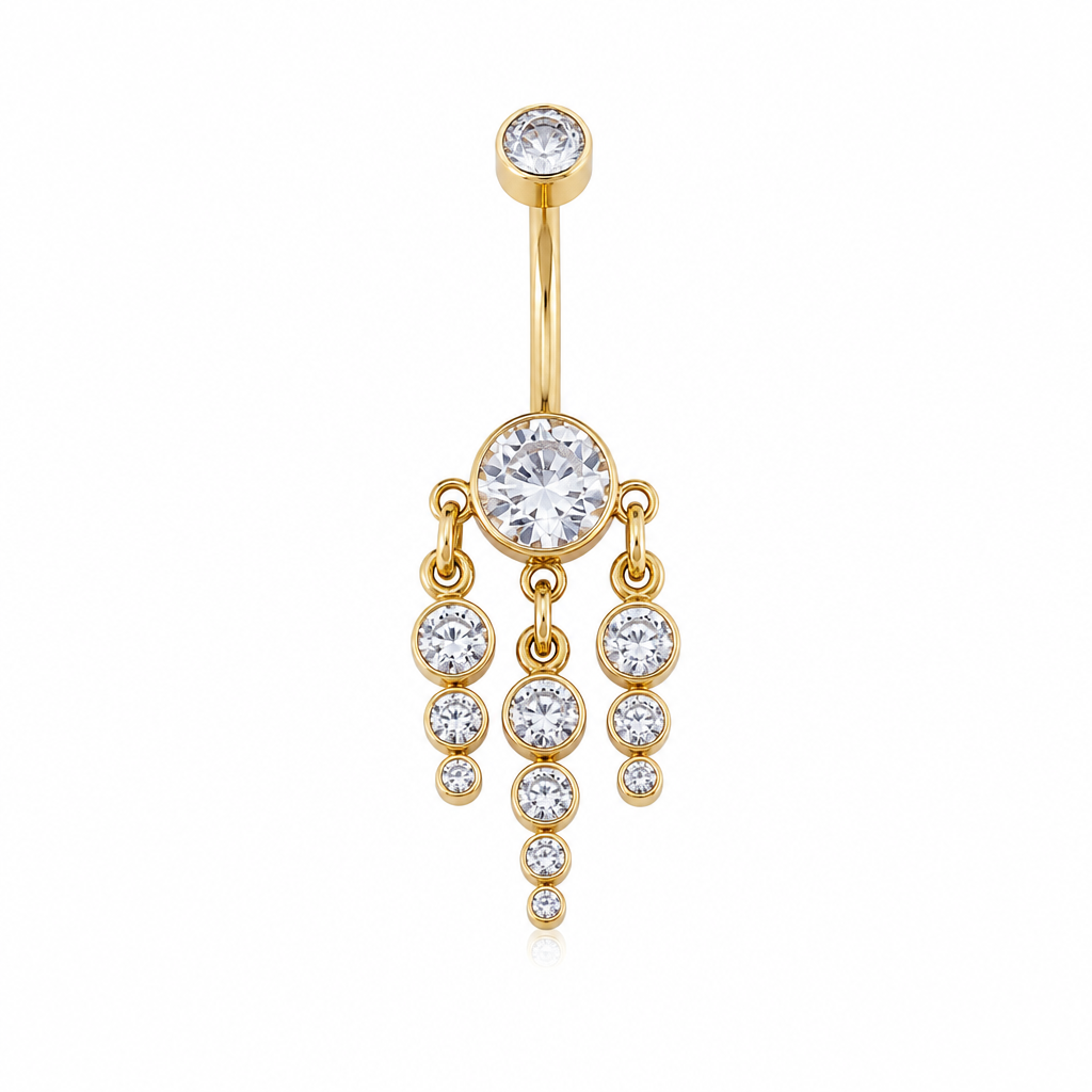Piercing nombril cascade boules strass doré — 3 rangées pendantes