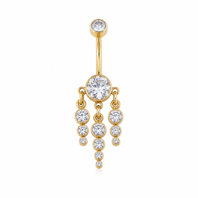 Piercing nombril cascade boules strass doré — 3 rangées pendantes