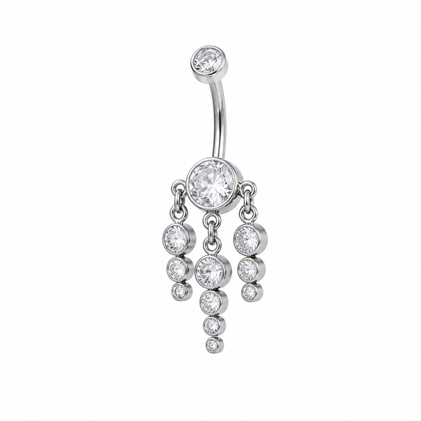 Piercing nombril cascade boules strass argenté — 3 rangées pendantes